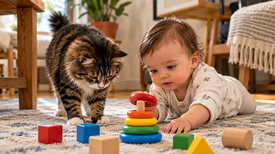 Baby and cat playing with toys on a clean rug