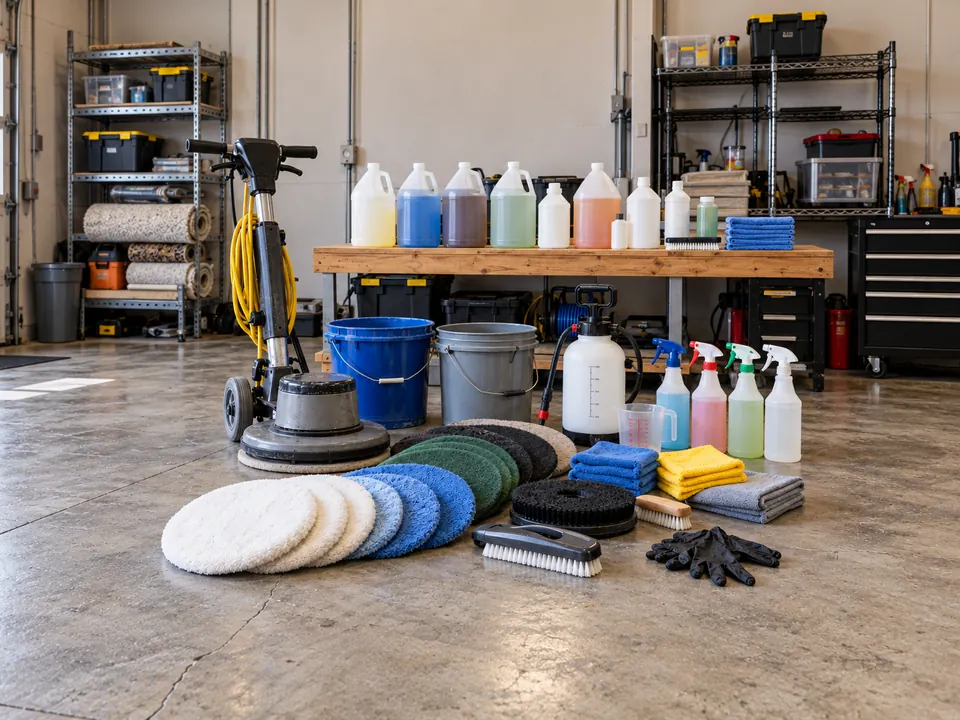 Floor machine, cleaning pads, brushes and supplies organized in a workshop