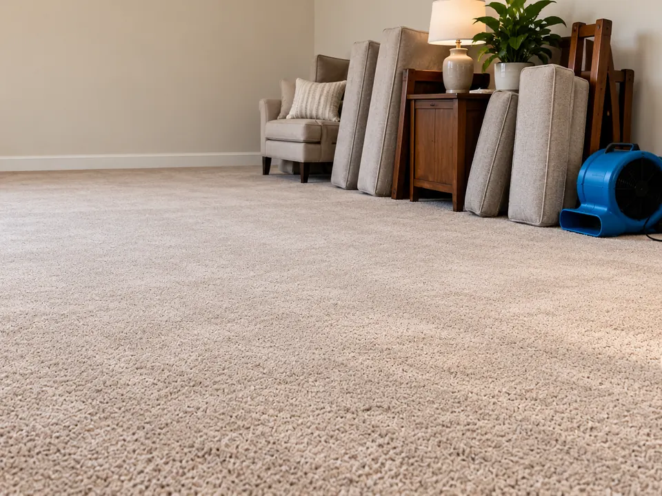 Freshly cleaned carpet with an air mover running in the corner of a living room
