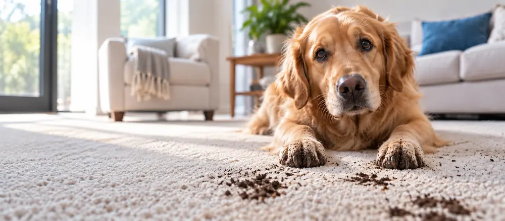 Golden retriever on a clean carpet in a bright living room