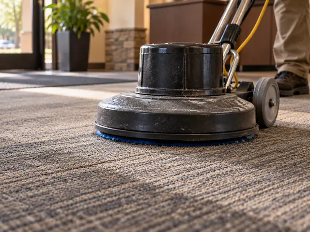 Floor machine cleaning an office lobby carpet