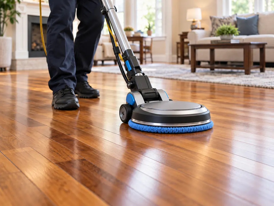 Technician cleaning and polishing a hardwood floor in a living room