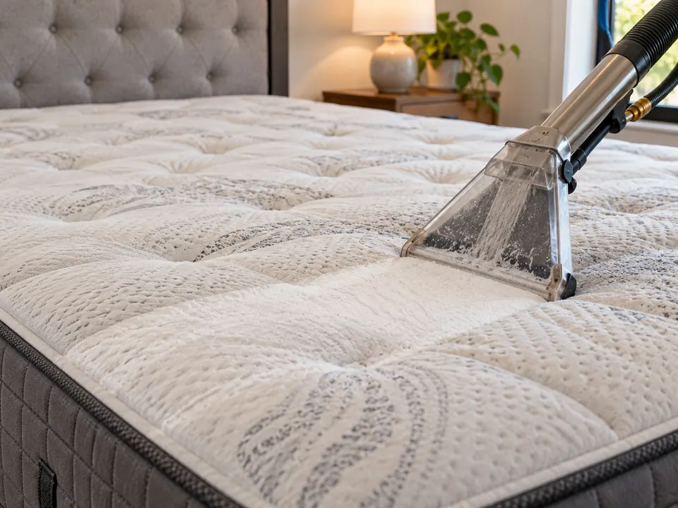 Technician cleaning a mattress with a low-moisture extraction tool