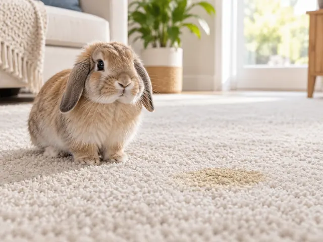 Curious lop rabbit on a plush cream carpet