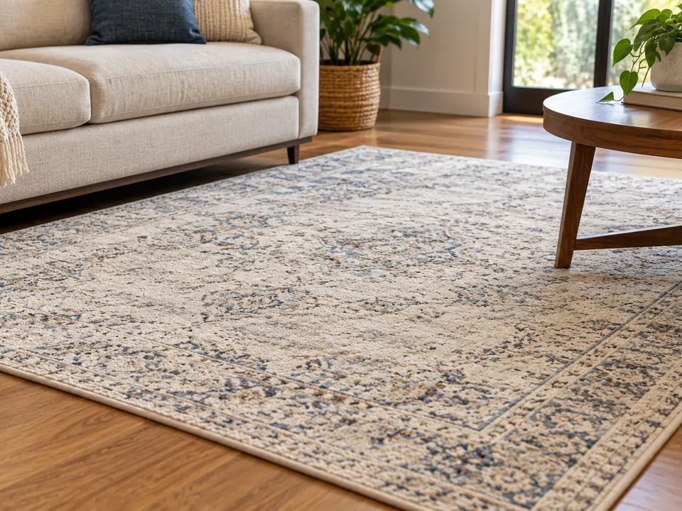 Patterned area rug in a bright living room