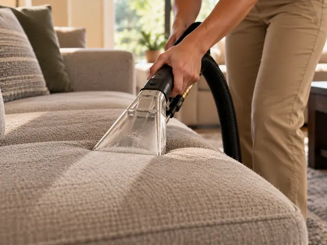 Technician cleaning a fabric sofa