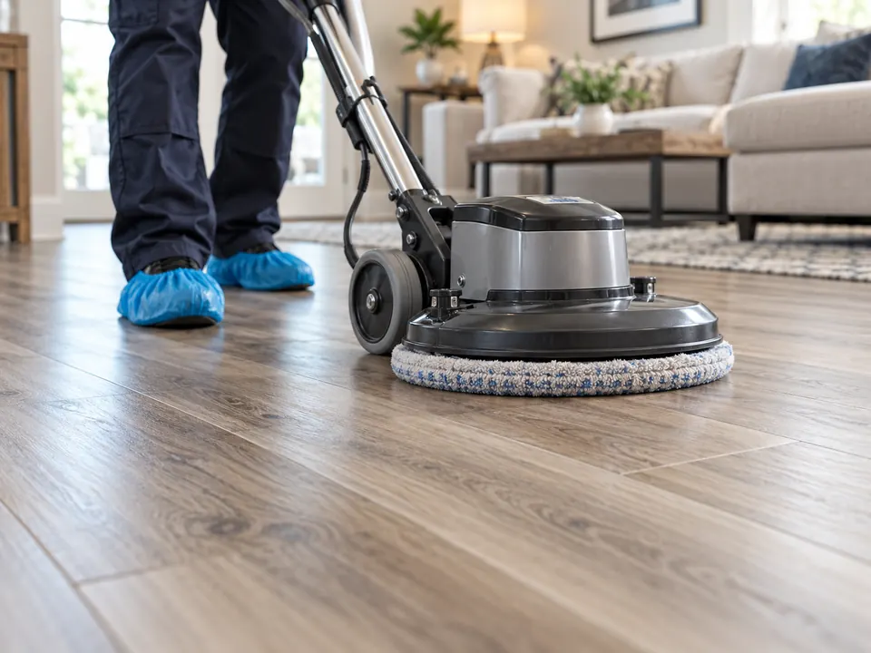 Technician cleaning a vinyl plank floor in a living room